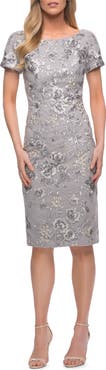 La Femme Short Sleeve Below the Knee Dress with High Neckline