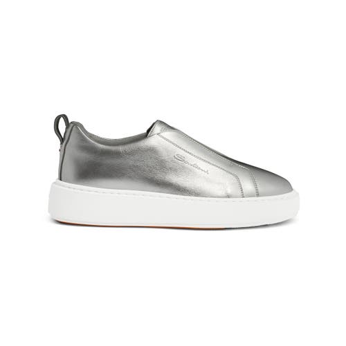 Santoni Silver Laminated Leather Slip-on Sneaker In Silver
