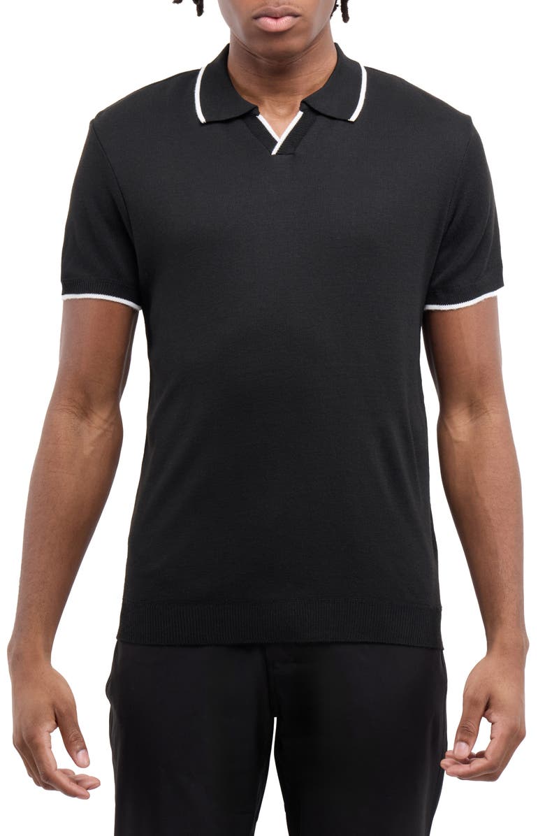 Spring + Mercer Short Sleeve Johnny Collar Polo Sweater, Main, color, Black/ White
