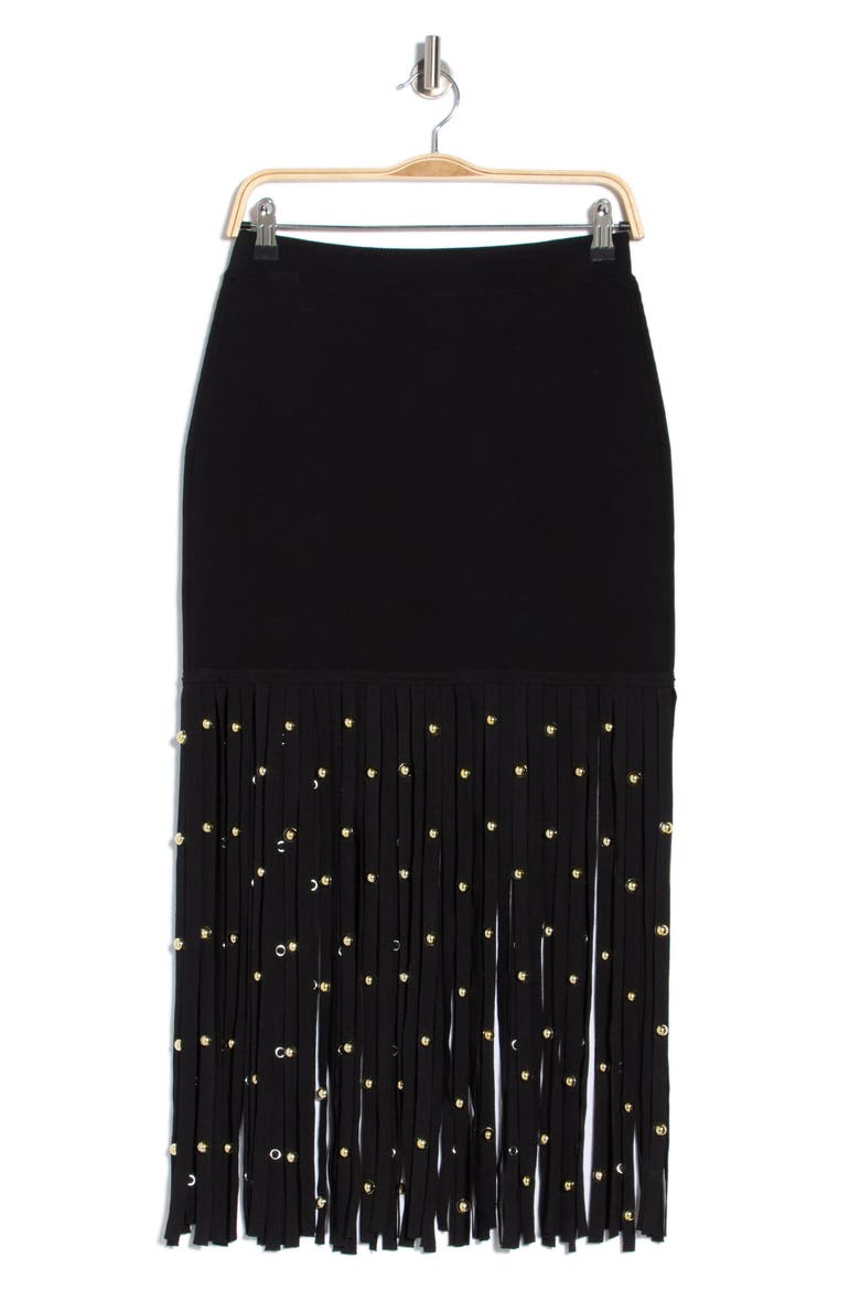 Melva Studded Fringe Midi Skirt, Main, color, BLACK