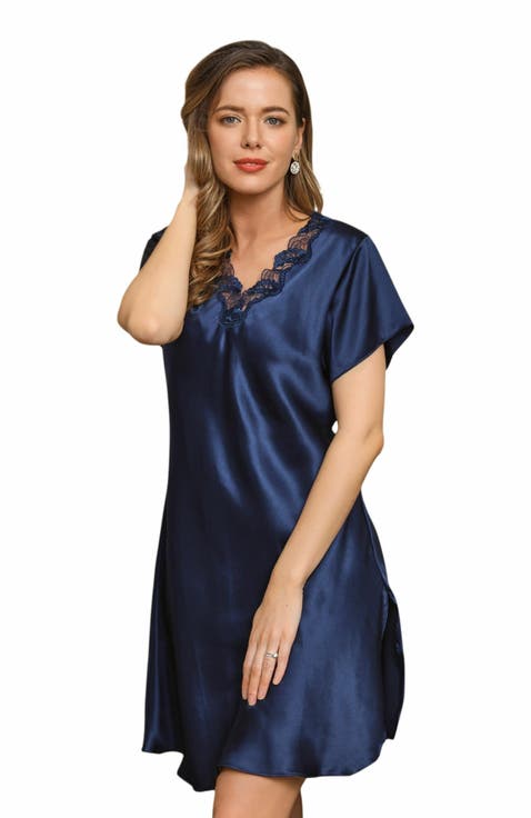Pure Silk Lace Neck Split Hem Nightgown