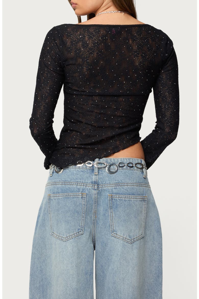 Mare Rhinestone Asymmetric Sheer Lace Top, Alternate, color, BLACK