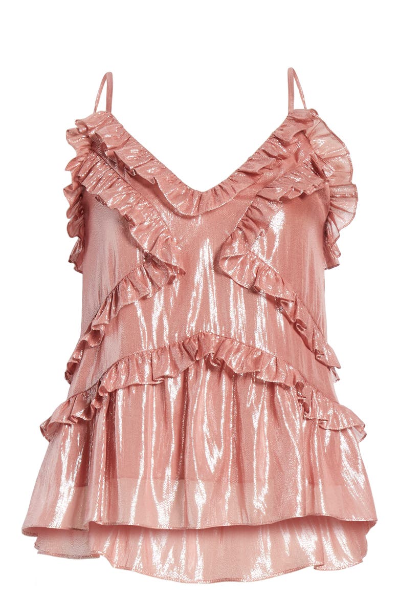 Ruffle Detail Metallic Silk Blend Camisole, Alternate, color, ROSE