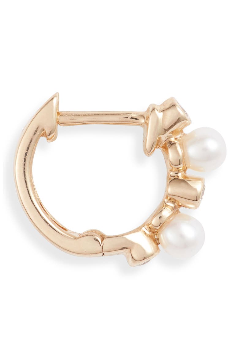 Pearl Ivy Diamond Huggie Hoop Earrings, Alternate, color, YELLOW GOLD/ PEARL/ DIAMOND