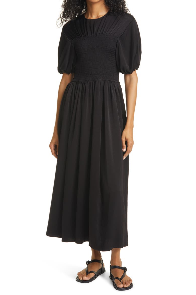 Smocked Bodice Puff Sleeve Maxi Dress, Main, color, BLACK