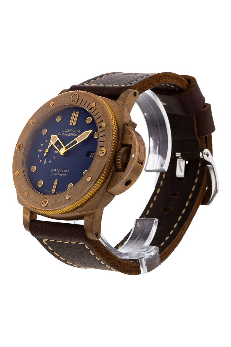 Panerai Preowned Luminor Submersible Leather Strap Watch, 47mm, Alternate, color, BROWN/ BLUE