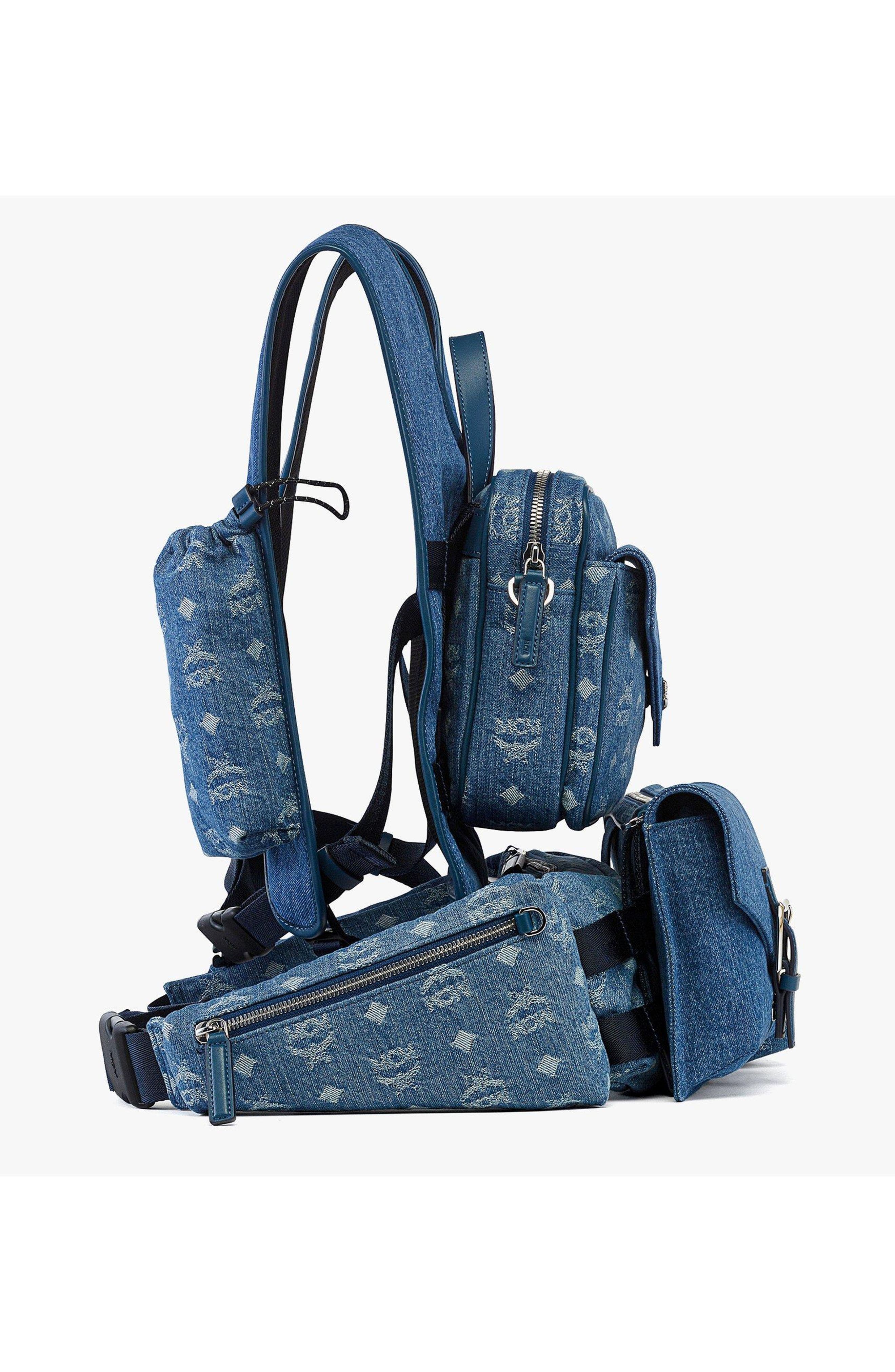MCM Aren Multi-Backpack in Monogram Denim Jacquard, Alternate, color, Blue