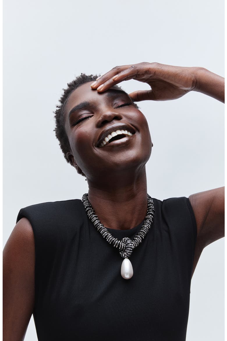 Faux Pearl Pendant Necklace, Alternate, color, BLACK