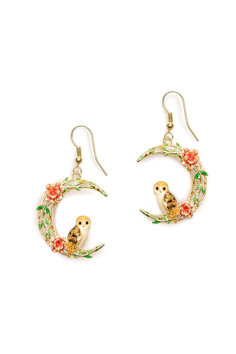 Owl in a Moon Drop Earrings, Main, color, Owl in a Moon