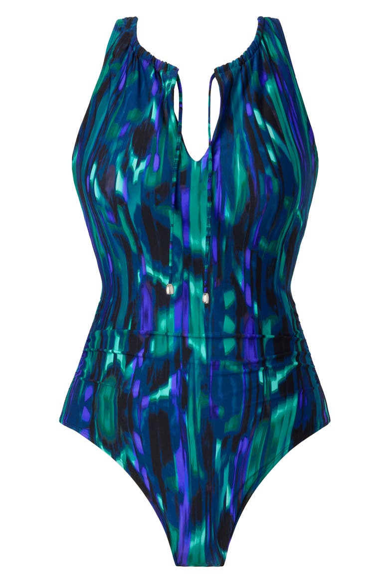 Dee Dee Rainfall Plunge Neck One-Piece Swimsuit, Alternate, color, BLUE MULTI