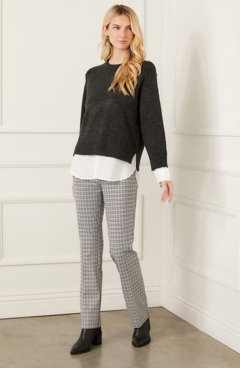 Karen Kane Mixed Media Layered Crewneck Sweater, Alternate, color, Charcoal