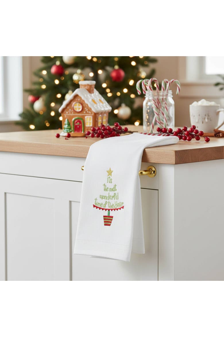 Christmas Tree Motif "It's The Most Wonderful Time of the Year" 100% Cotton Guest Towel, Alternate, color, red