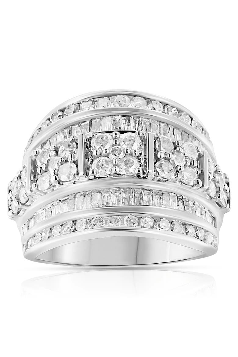 Silver 2.0 Cttw Round & Baguette Diamond Multi-Row Tapered Cocktail Ring, Main, color, White