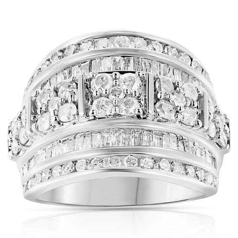 Silver 2.0 Cttw Round & Baguette Diamond Multi-Row Tapered Cocktail Ring