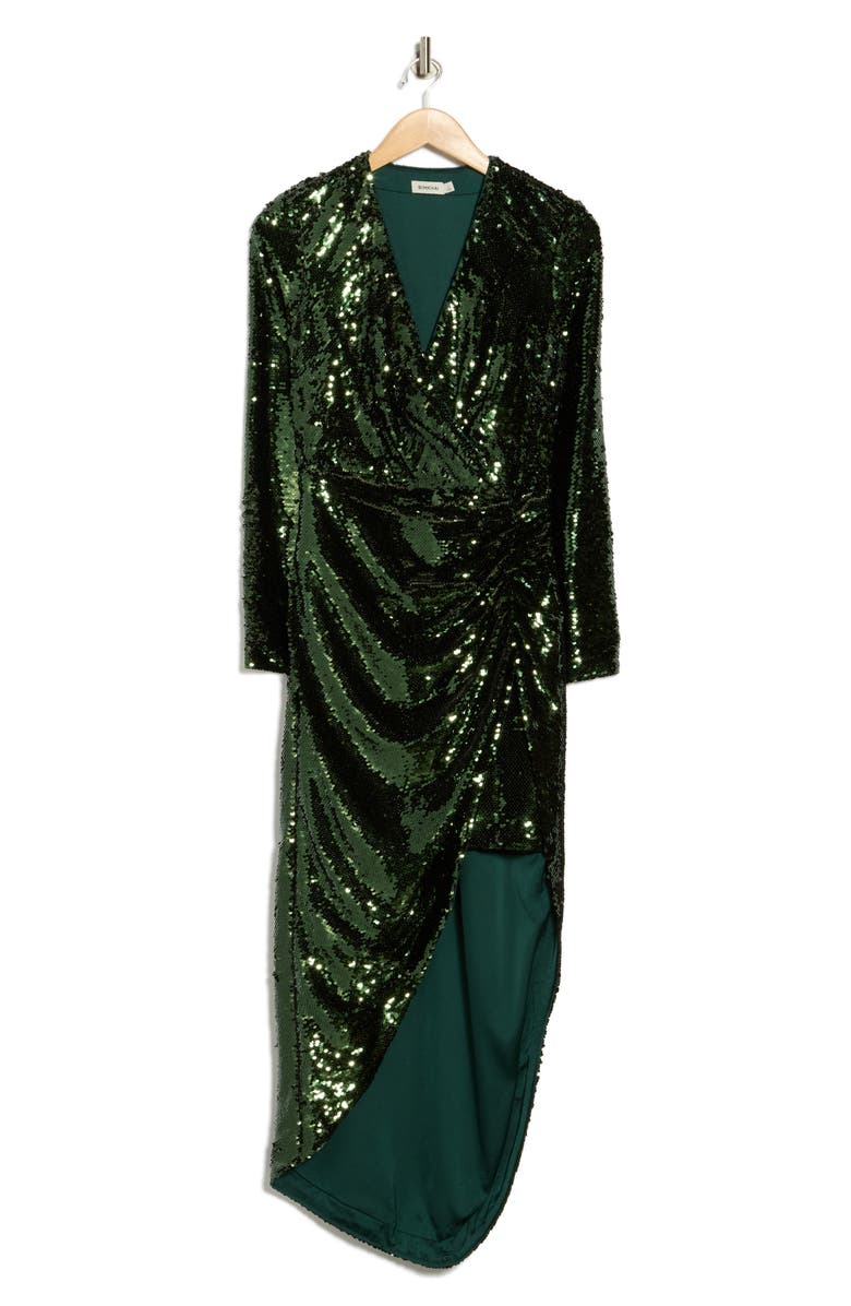 Simkhai Emersyn Long Sleeve Sequin Faux Wrap Midi Dress, Alternate, color, Emerald