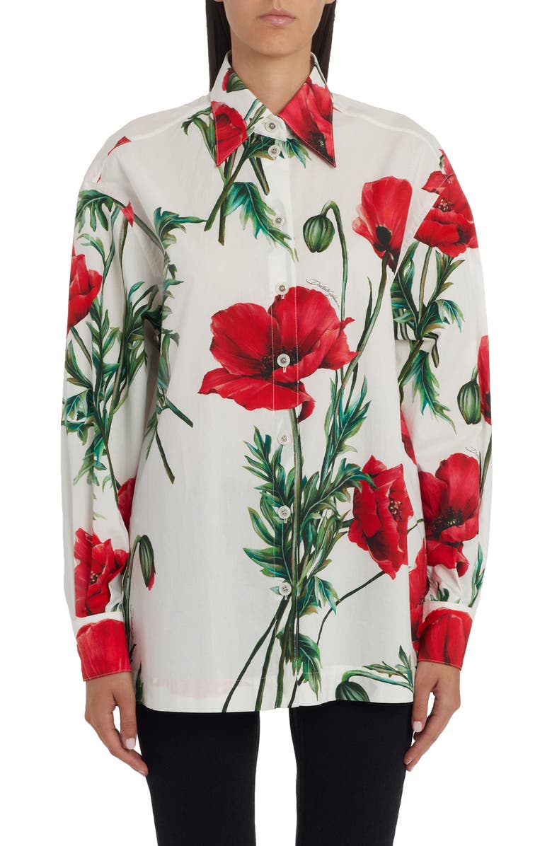 Dolce&Gabbana Poppy Print Cotton Poplin Button-Up Shirt, Main, color, 