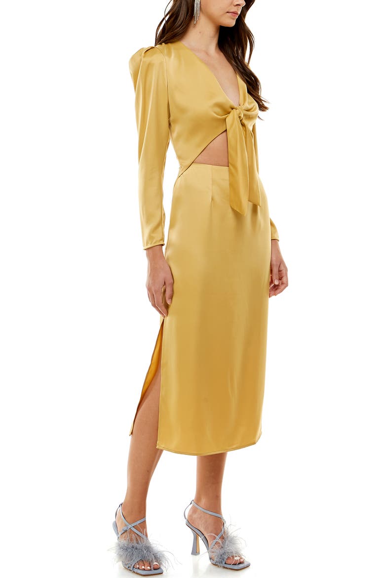 Poppy Tie Front Long Sleeve Cutout Midi Dress, Alternate, color, GOLD