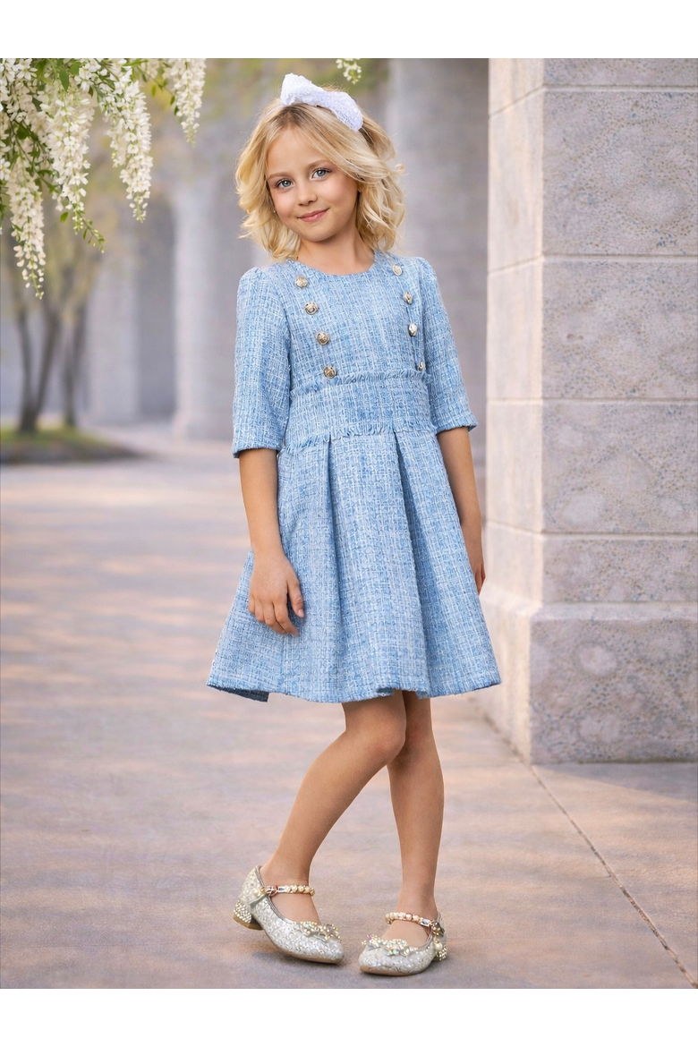 Bluebell Pearl Button Tweed Party Dress, Alternate, color, Blue