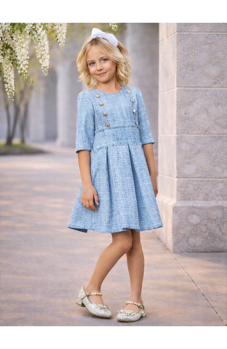 Mia Belle Girls Bluebell Pearl Button Tweed Party Dress, Alternate, color, Blue