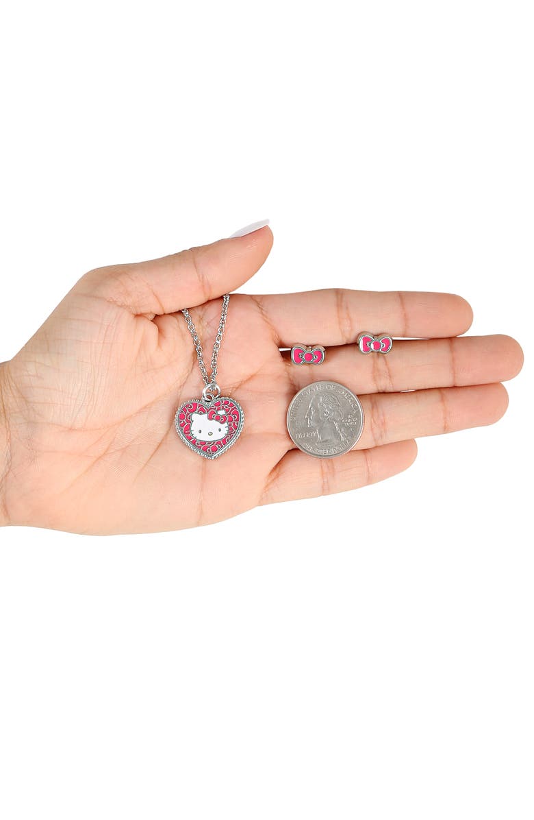 Hello Kitty Fashion Jewelry Set, Bow Earrings & Pendant Necklace, 16" + 3", Alternate, color, Reddish Pink