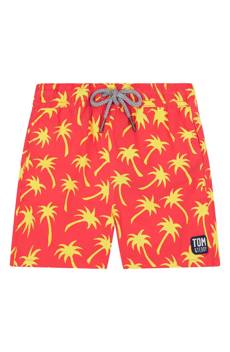 Tom & Teddy Kids' Palm Tree Print Swim Trunks, Main, color, Coral & Lime