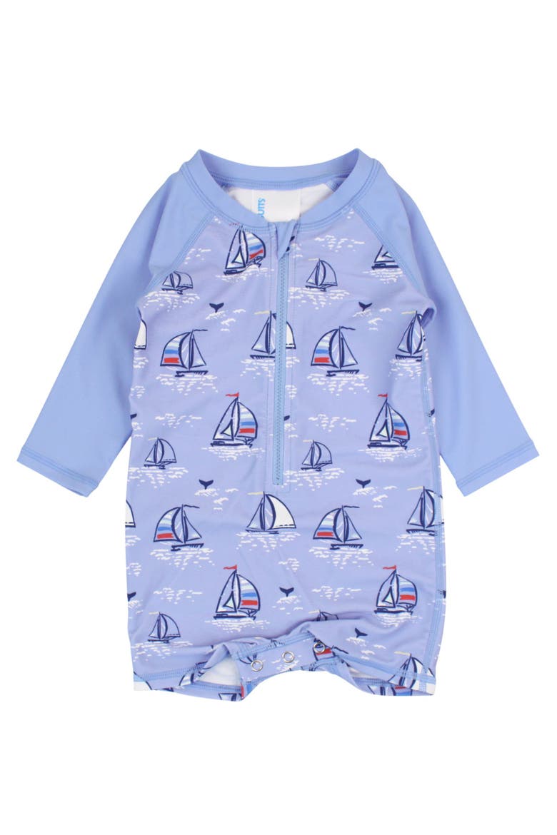 Boys Long Sleeve One Piece Rash Guard, Main, color, Blue Seas the Day