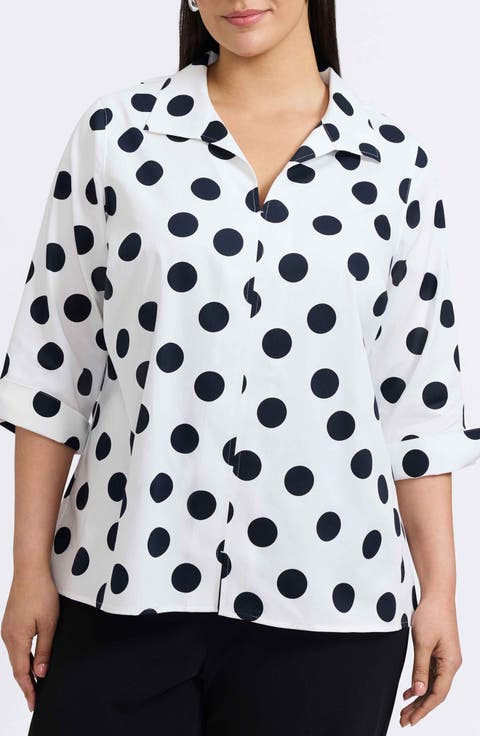 Agnes Dot Print Three-Quarter Sleeve Popover Top (Plus)