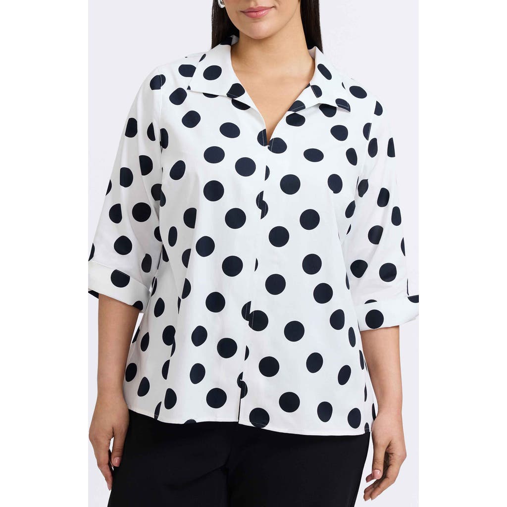 Foxcroft Agnes Dot Print Three-quarter Sleeve Popover Top In White