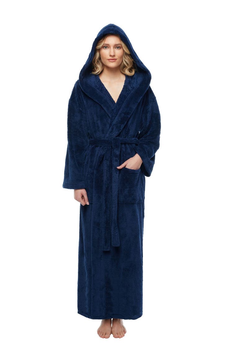 Womens Long Fleece Robe with Hood, Main, color, Navy
