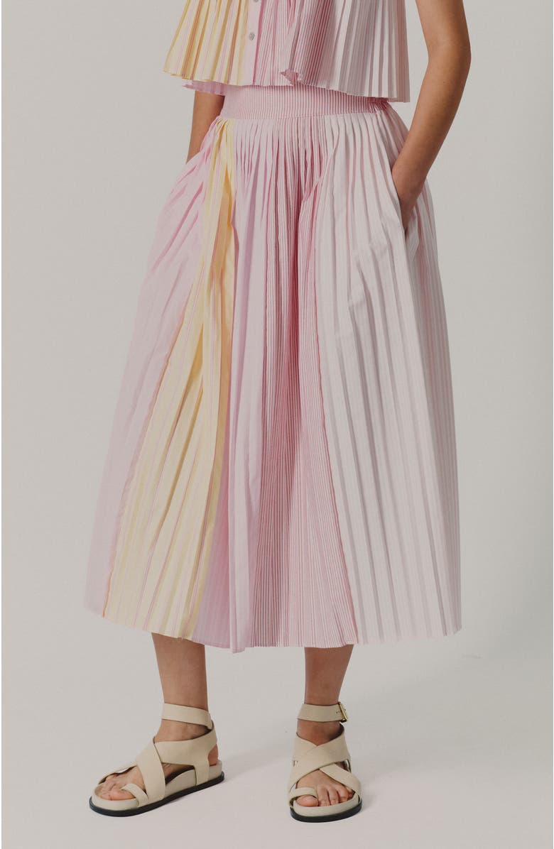 De Loreta Aire Pleated Cotton Midi Skirt, Main, color, Mix Lines Rosa