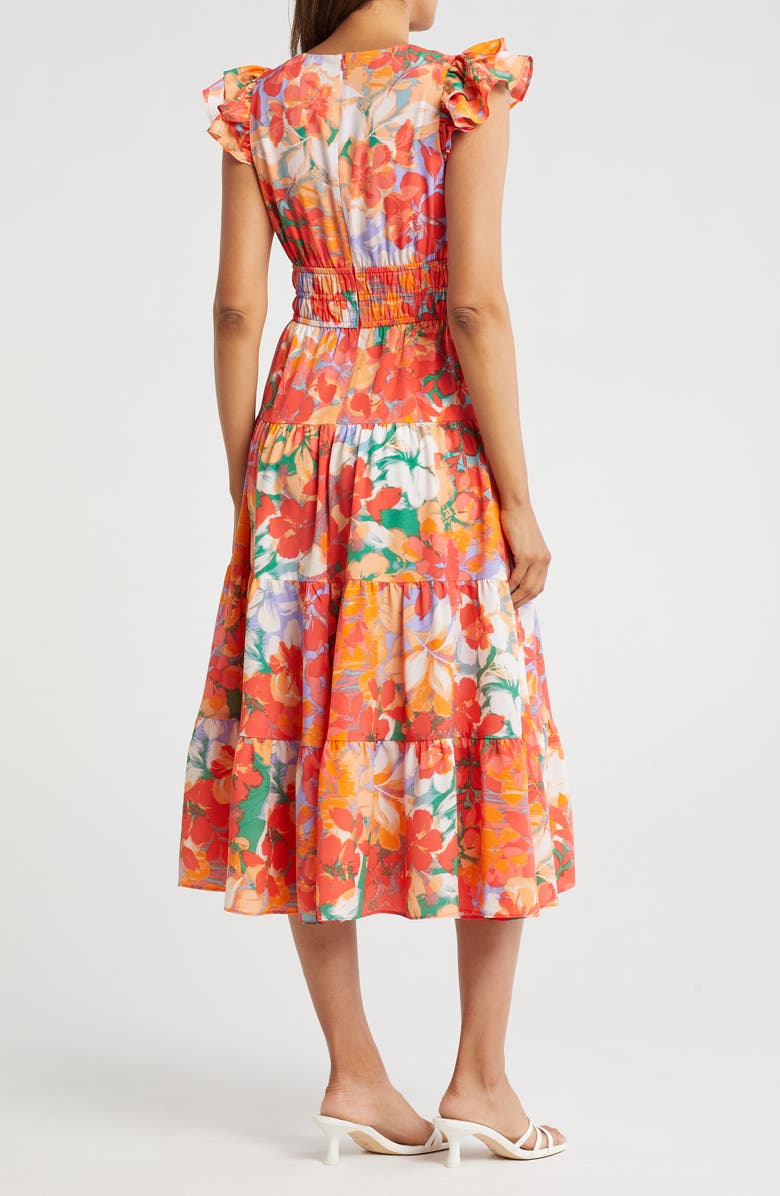 Vince Camuto Floral Cap Sleeve Tiered Midi Dress, Alternate, color, Orange Multi