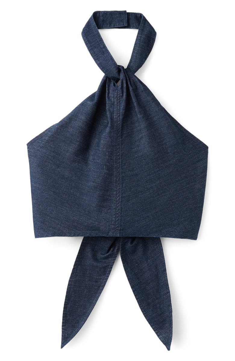 MANGO Cotton & Linen Denim Crop Halter Top, Main, color, 