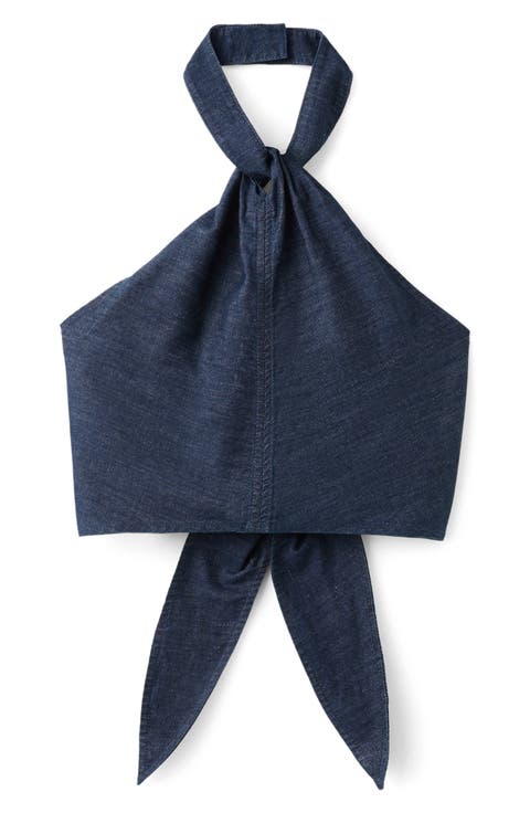 Cotton & Linen Denim Crop Halter Top