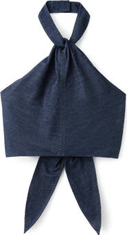 MANGO Cotton & Linen Denim Crop Halter Top