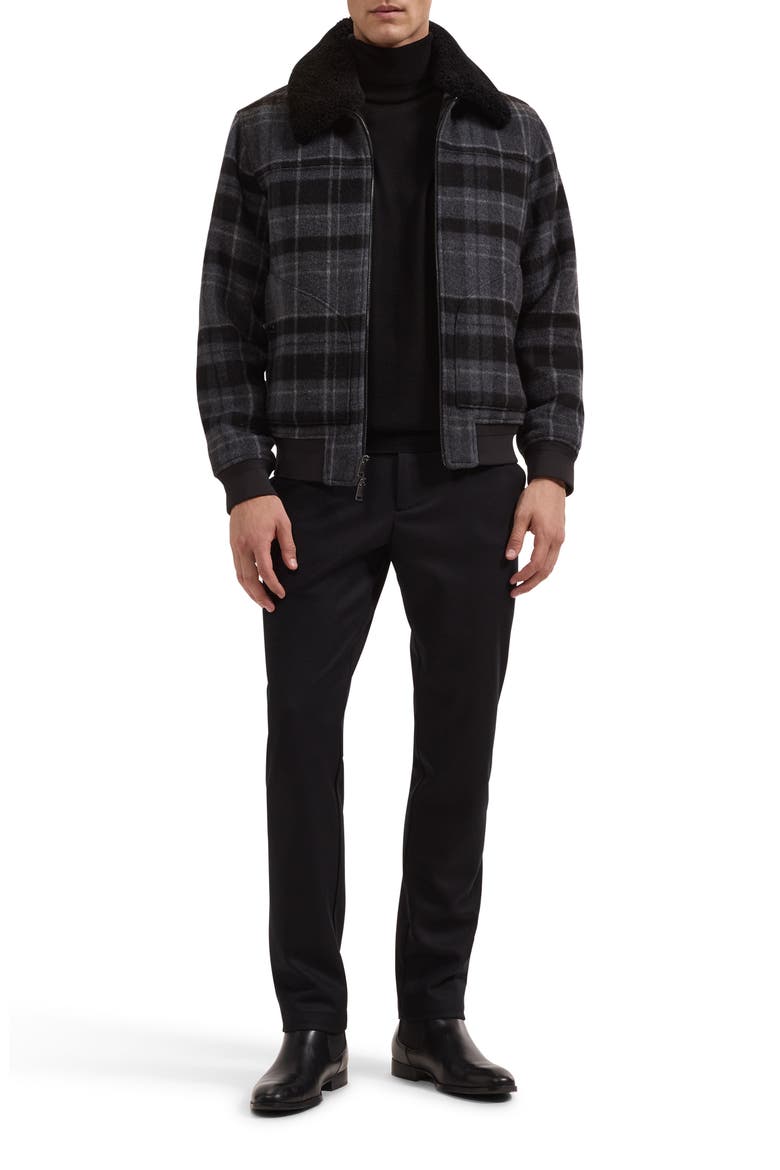 Plaid Wool Blend Blouson Jacket with Faux Shearling Collar, Alternate, color, BLACK