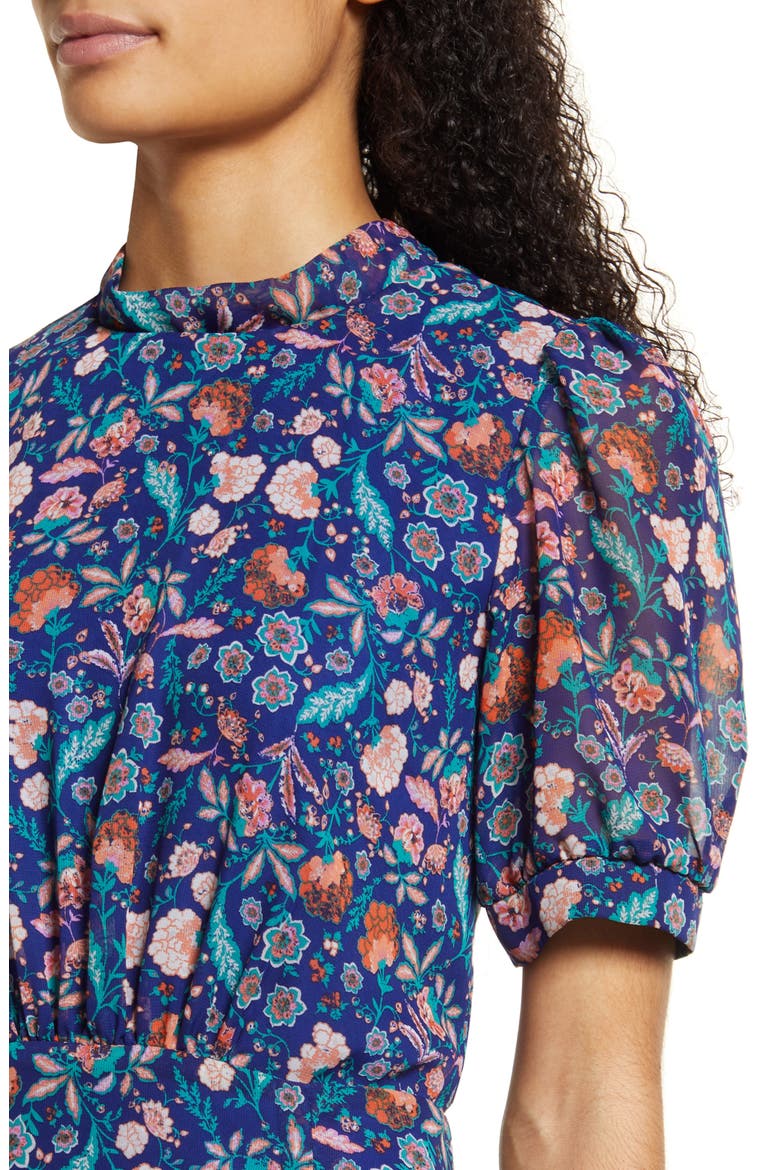 Floral Print Puff Sleeve Midi Dress, Alternate, color, NAVY MULTI