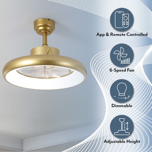 Oval Air Loren 20" Modern Contemporary 6-speed Metal Mobile-app/remote-controlled Dimmable Smart Int In Gold Painting