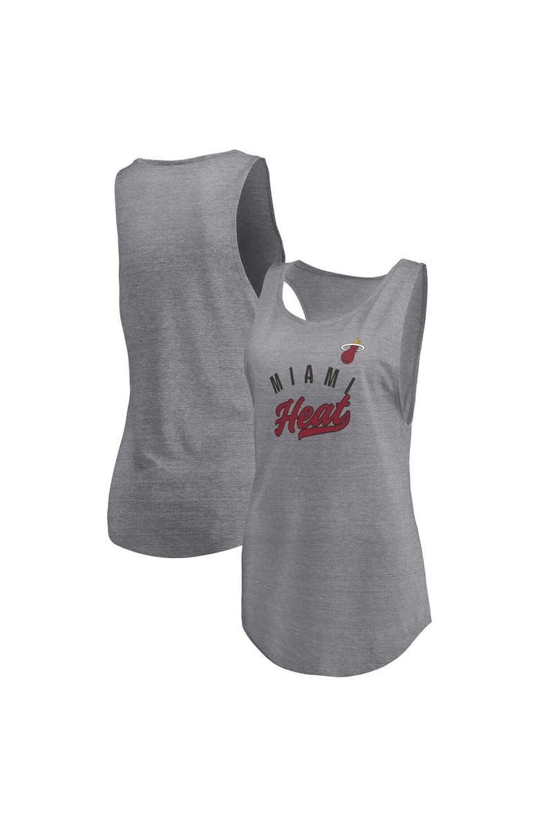 FANATICS Women's Fanatics Heathered Gray Miami Heat Quality Time Open Scoop Neck Tri-Blend Tank Top, Main, color, Heather Gray