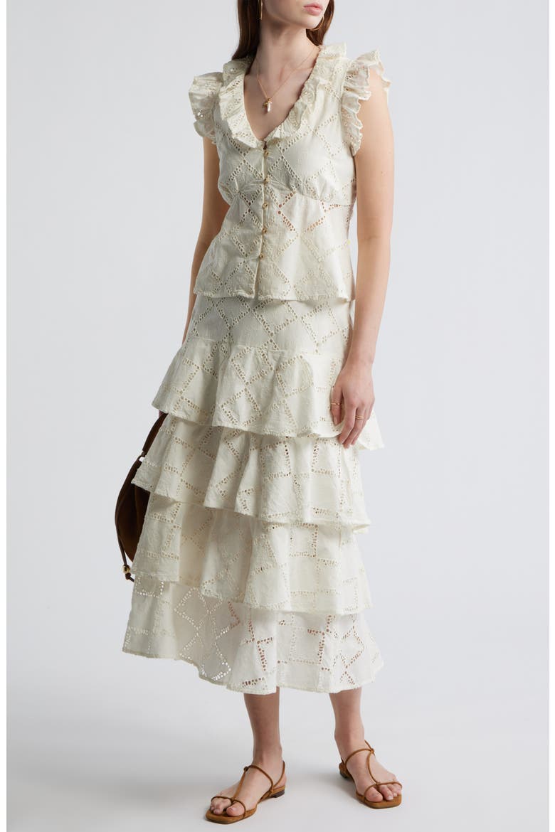 Open Cutwork Ruffle Trim Button-Up Top, Alternate, color, IVORY EGRET