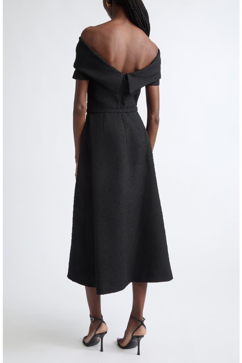 Slubby Off the Shoulder Tweed Midi Dress, Alternate, color, BLACK