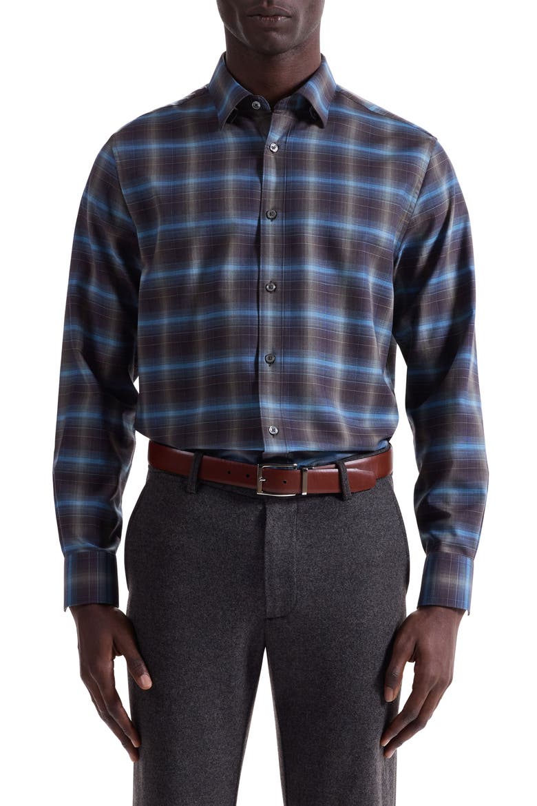 Karl Shaped Fit Plaid Cotton & Cashmere Button-Up Shirt, Main, color, KHAKI/MULTI