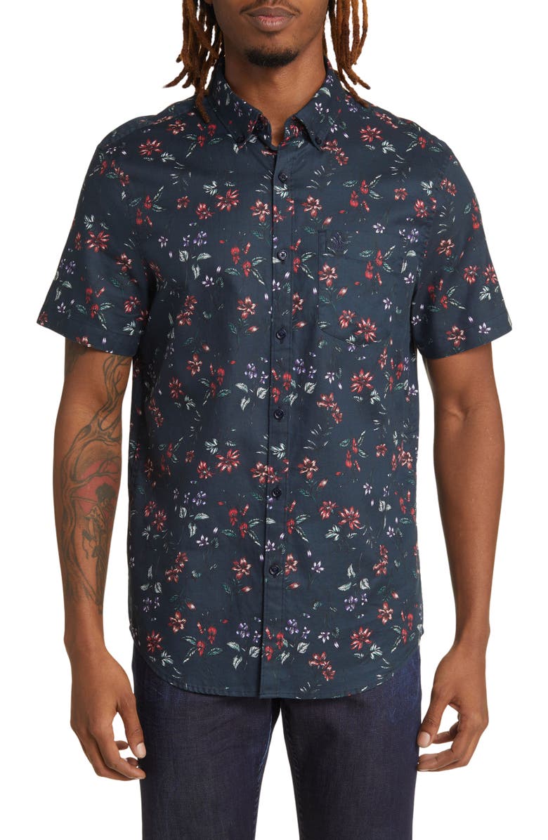 Original Penguin Floral Short Sleeve Stretch Button-Down Oxford Shirt, Main, color, 