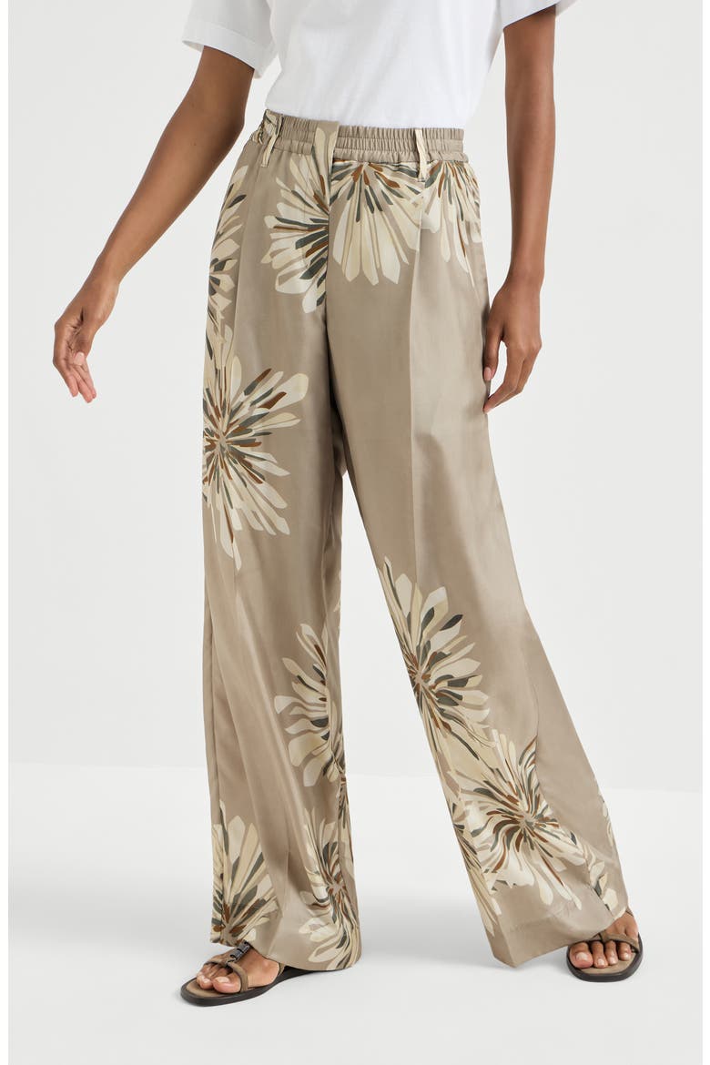 Bloom print pongee trousers, Main, color, Khaki