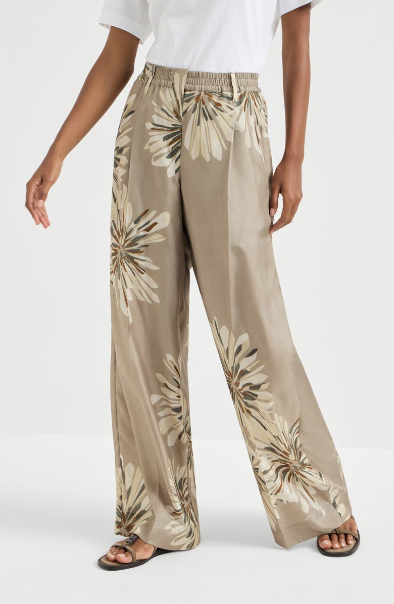 Brunello Cucinelli Bloom print pongee trousers, Alternate, color, Khaki