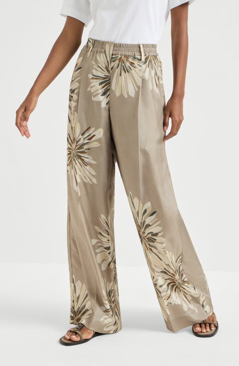 Bloom print pongee trousers