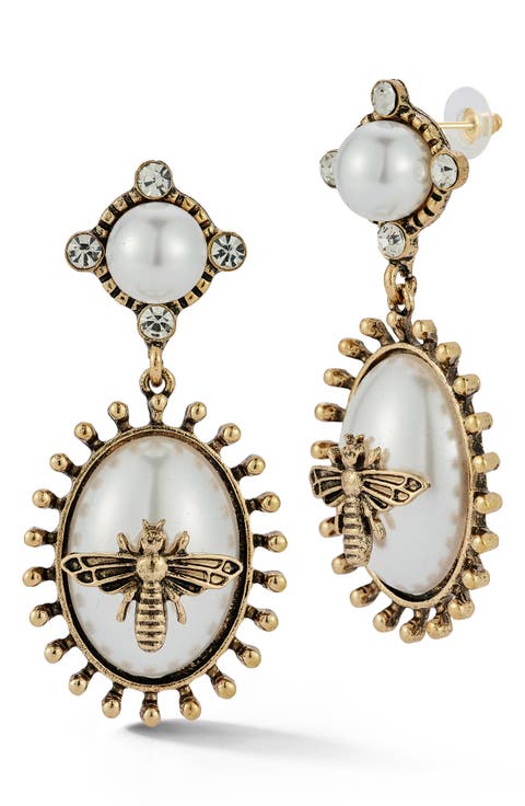 Faux Pearl Bee Oval Drop Earrings