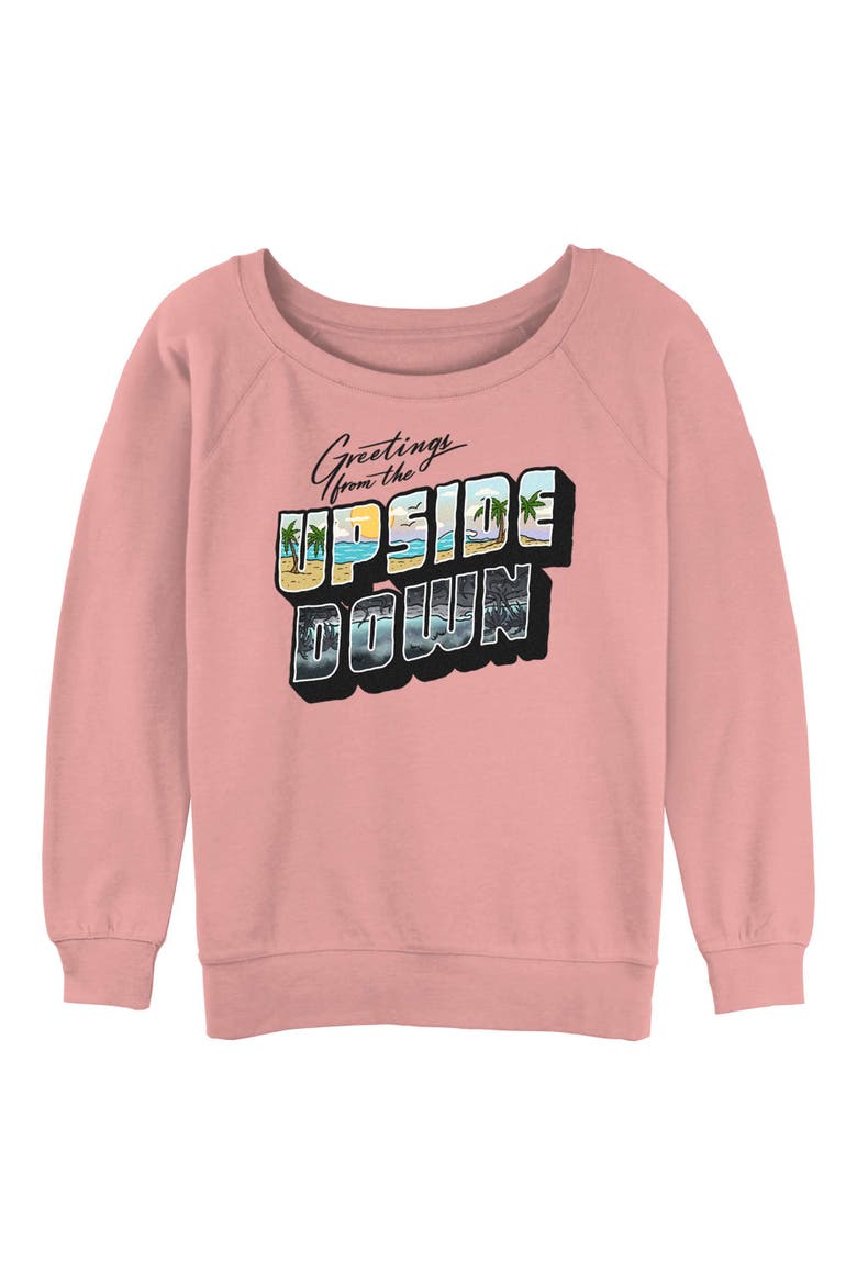 Junior's Stranger Things Tropical Upside Down Greetings  Sweatshirt, Main, color, Desert Pink