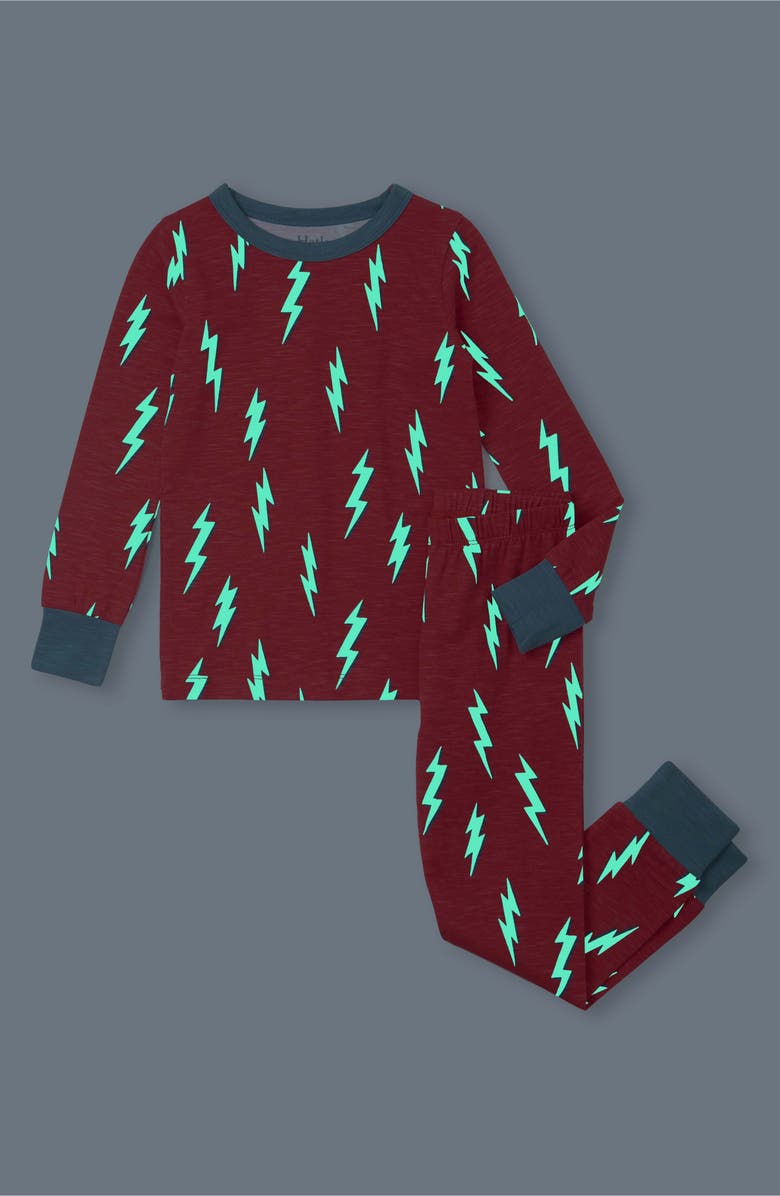 Hatley Kids' Glow in the Dark Lightning Bolts Print Fitted Two-Piece Pajamas, Alternate, color, Chrysanthemum
