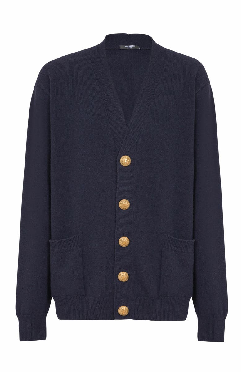 Balmain Eco-Cashmere Cardigan, Alternate, color, Navy