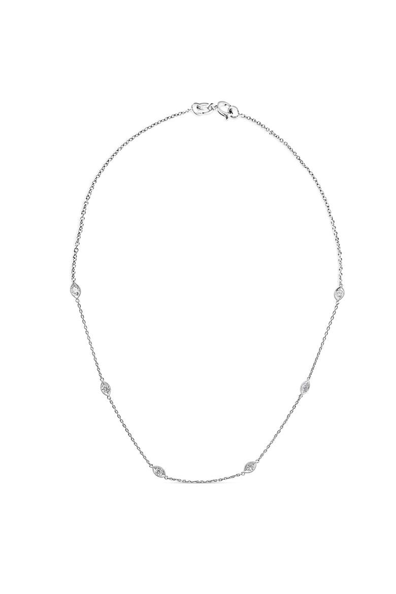 14K White Gold 1.00 Cttw Bezel Diamond Marquise Milgrain Station Collar Necklace, Alternate, color, White